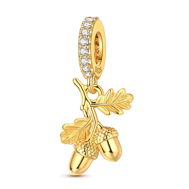 Golden Acorn & Oak Leaves Dangle Charm