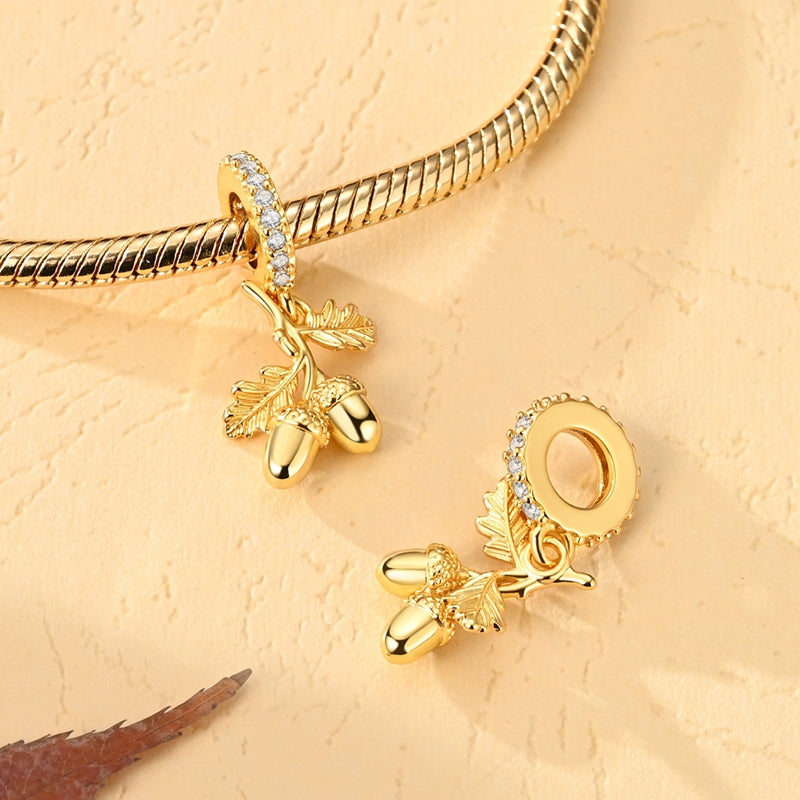 Golden Acorn & Oak Leaves Dangle Charm