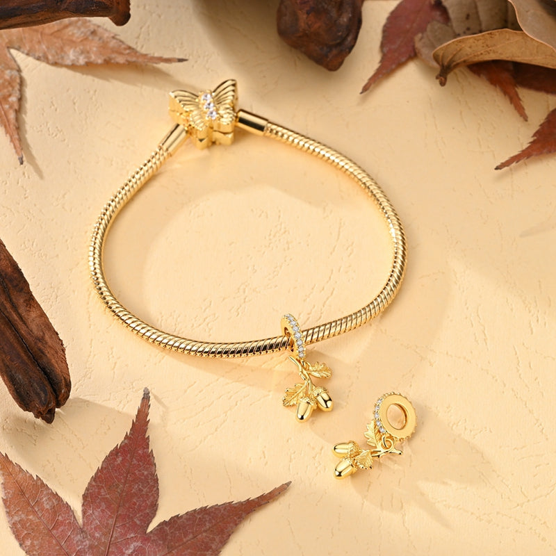Golden Acorn & Oak Leaves Dangle Charm