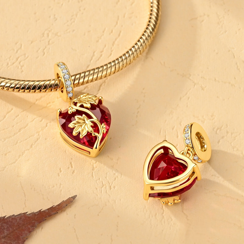 Golden Red Heart & Vine Dangle Charm