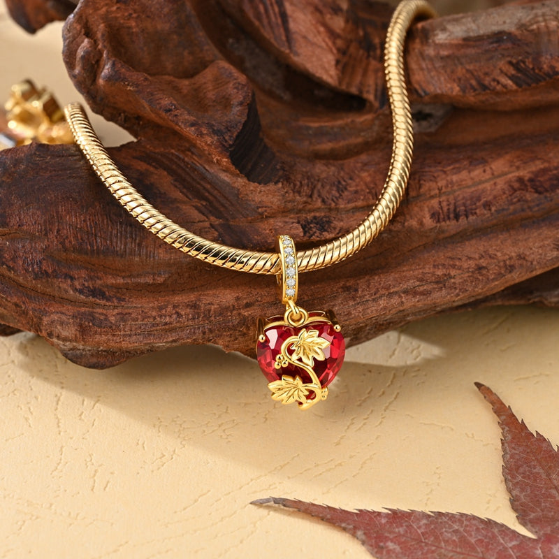 Golden Red Heart & Vine Dangle Charm