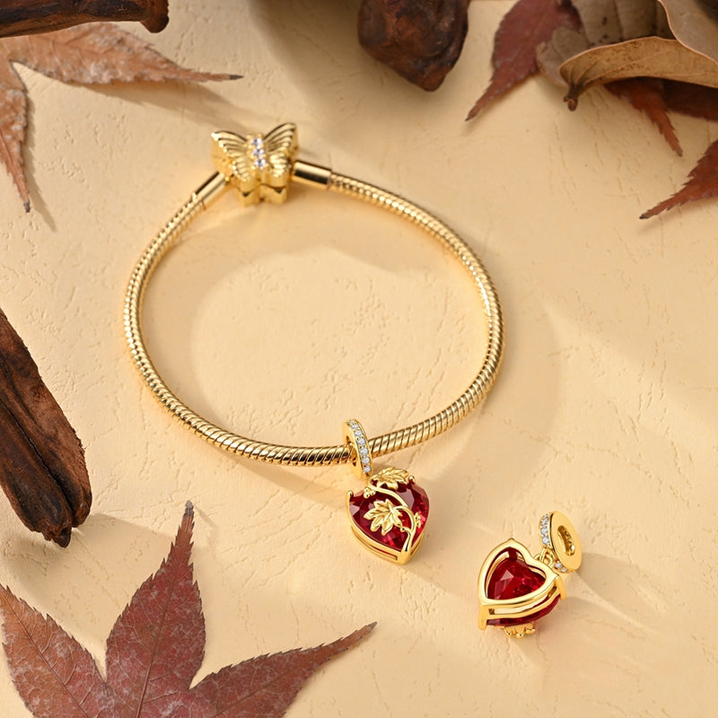 Golden Red Heart & Vine Dangle Charm