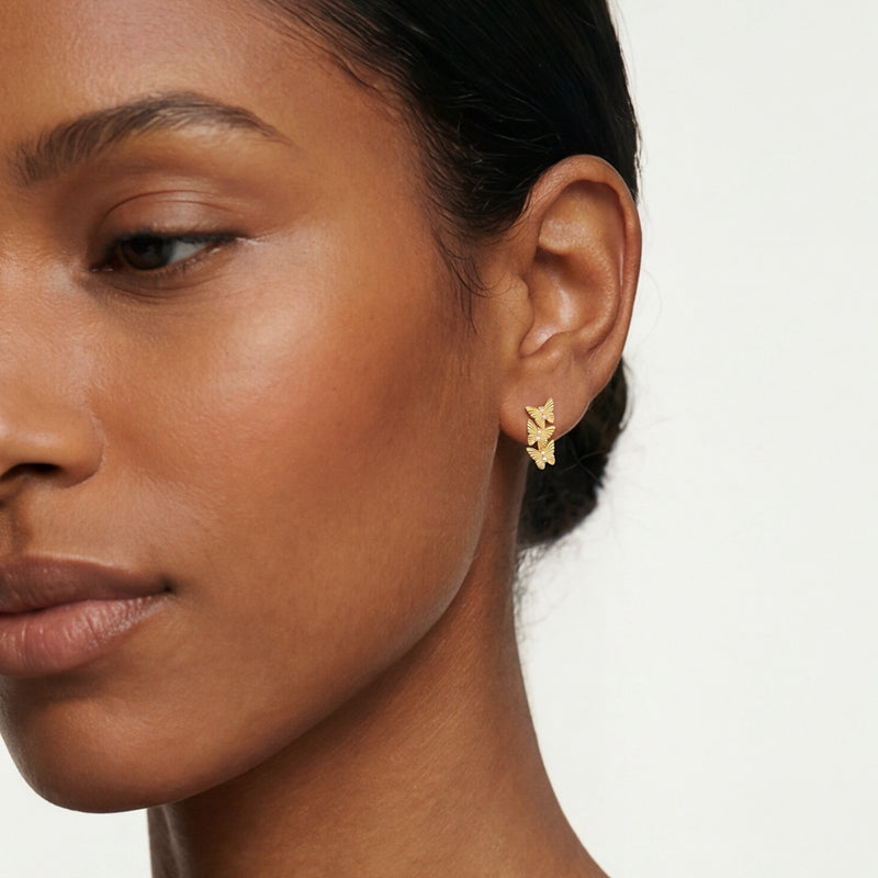 Golden Triple Butterfly Hoop Earrings
