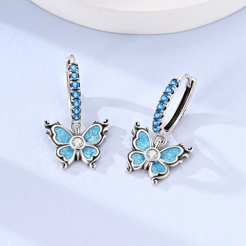 Blue Butterfly Dangle Hoop Earrings