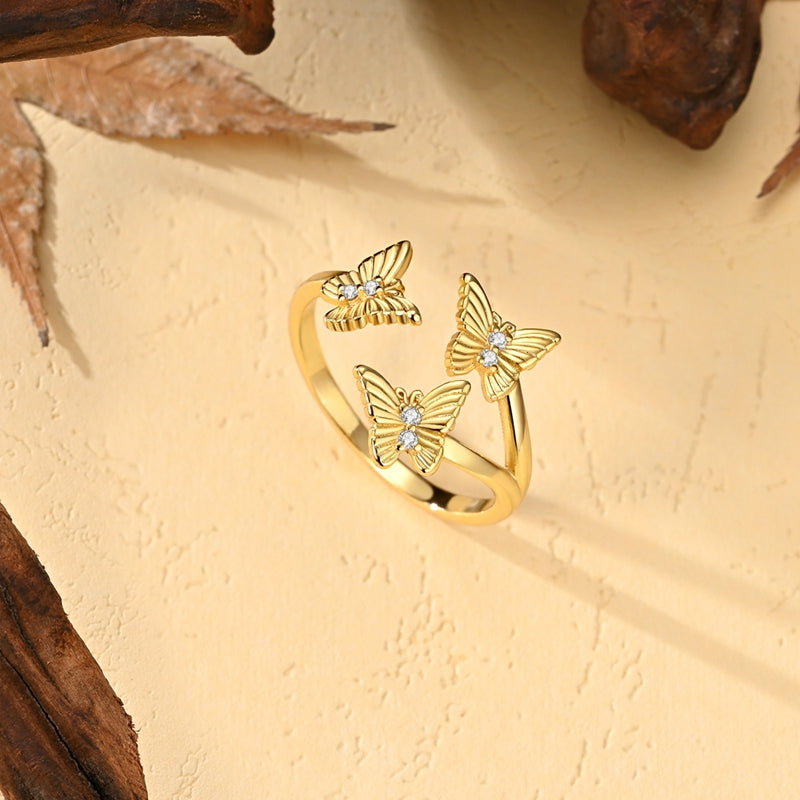 Golden Triple Butterfly Adjustable Ring