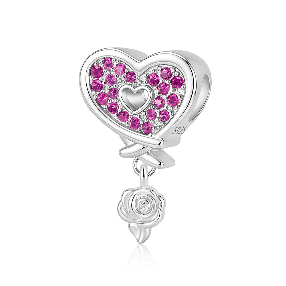 Pink Crystal Heart & Rose Charm