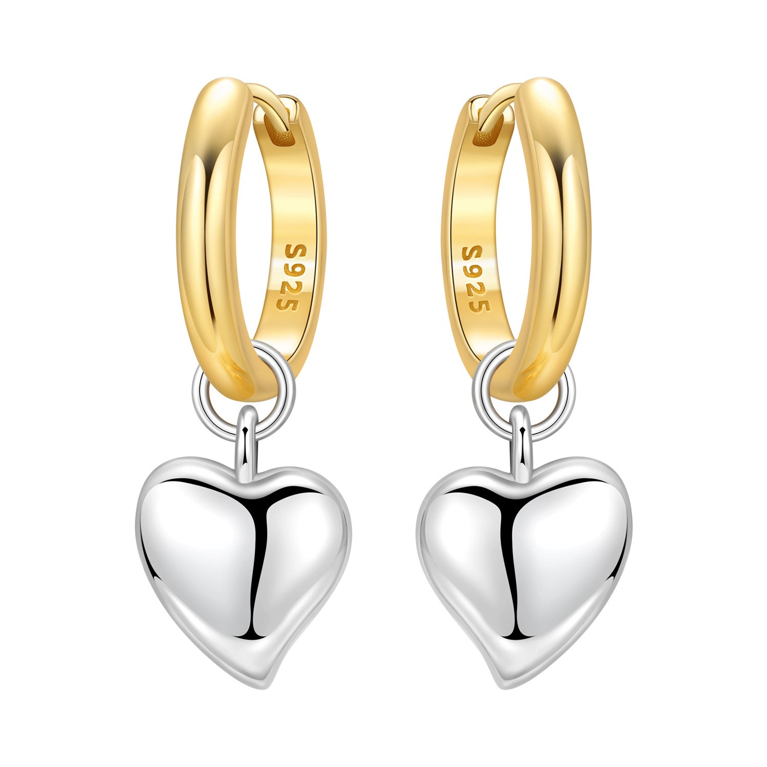 Golden Two-Tone Puffy Heart Hoop Earrings