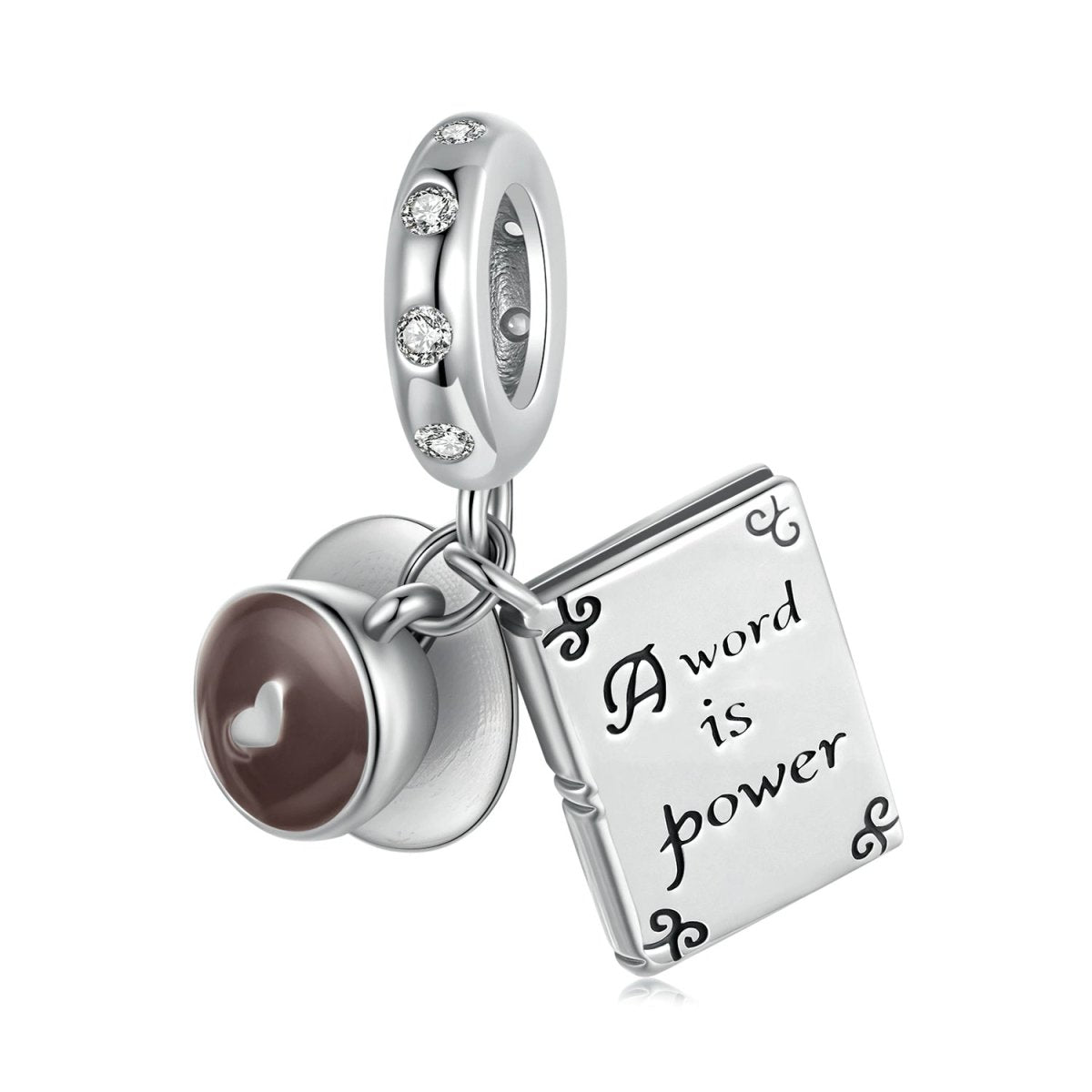 Pangama Jewelry "A Word is Power" Book & Coffee Dangle Charm