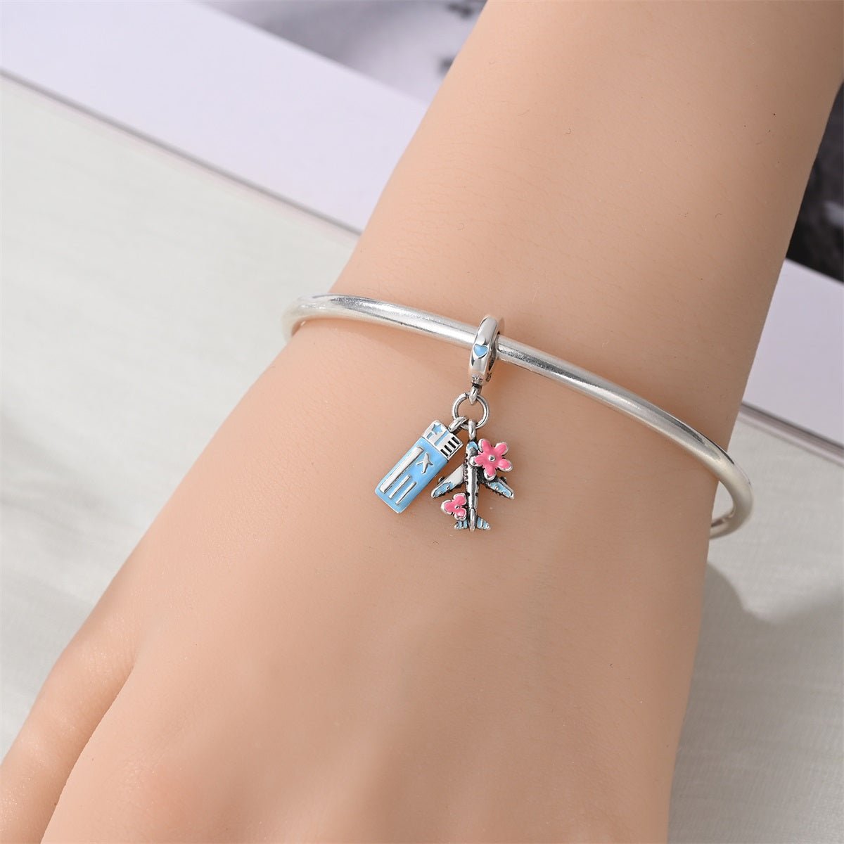 Pangama Jewelry Airplane with Ticket & Flowers Dangle Charm