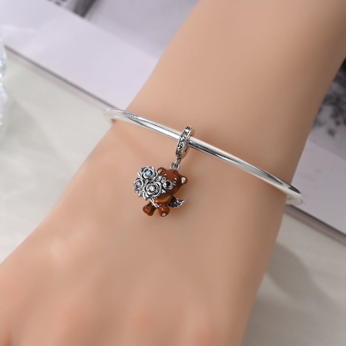 Pangama Jewelry Angel Bear with Roses Dangle Charm