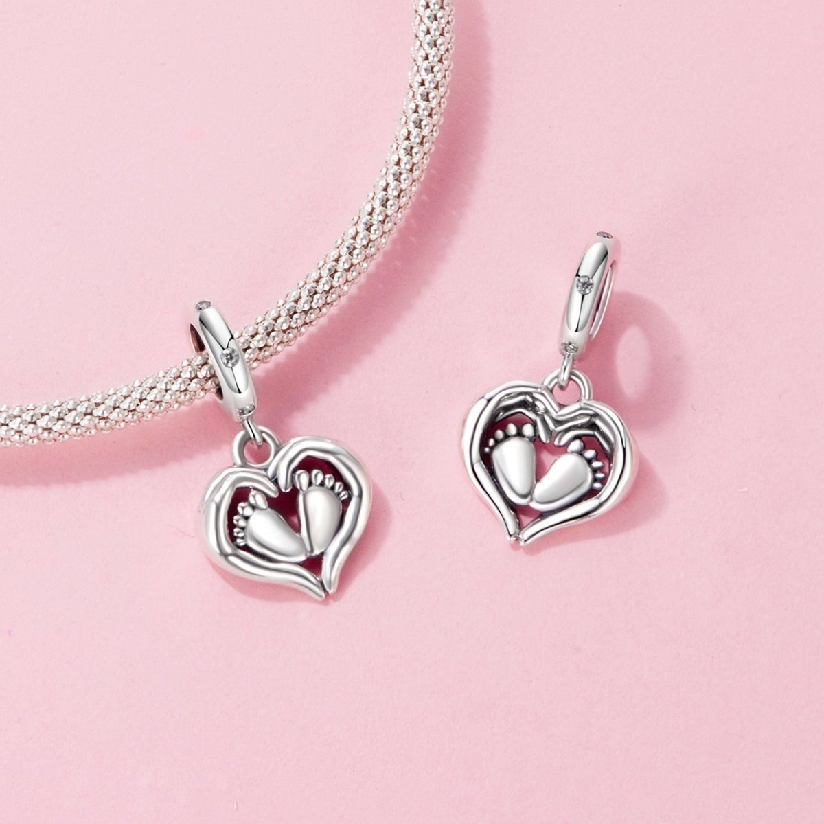 Pangama Jewelry Baby Feet in Heart Hands Dangle Charm