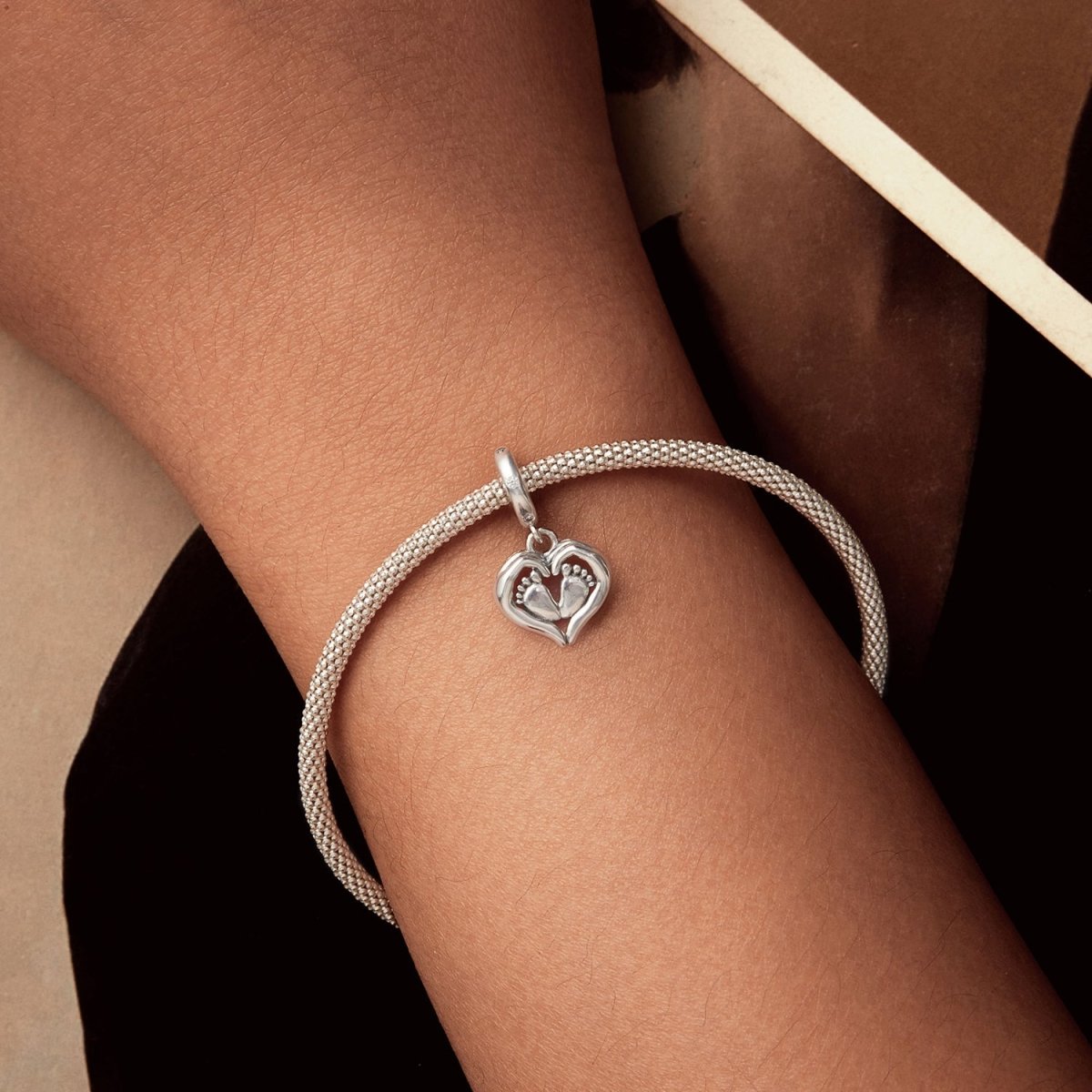 Pangama Jewelry Baby Feet in Heart Hands Dangle Charm