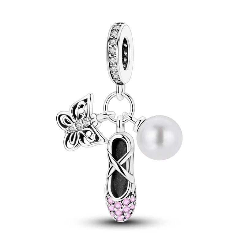 Pangama Jewelry Ballet Slipper, Pearl & Butterfly Triple Dangle Charm