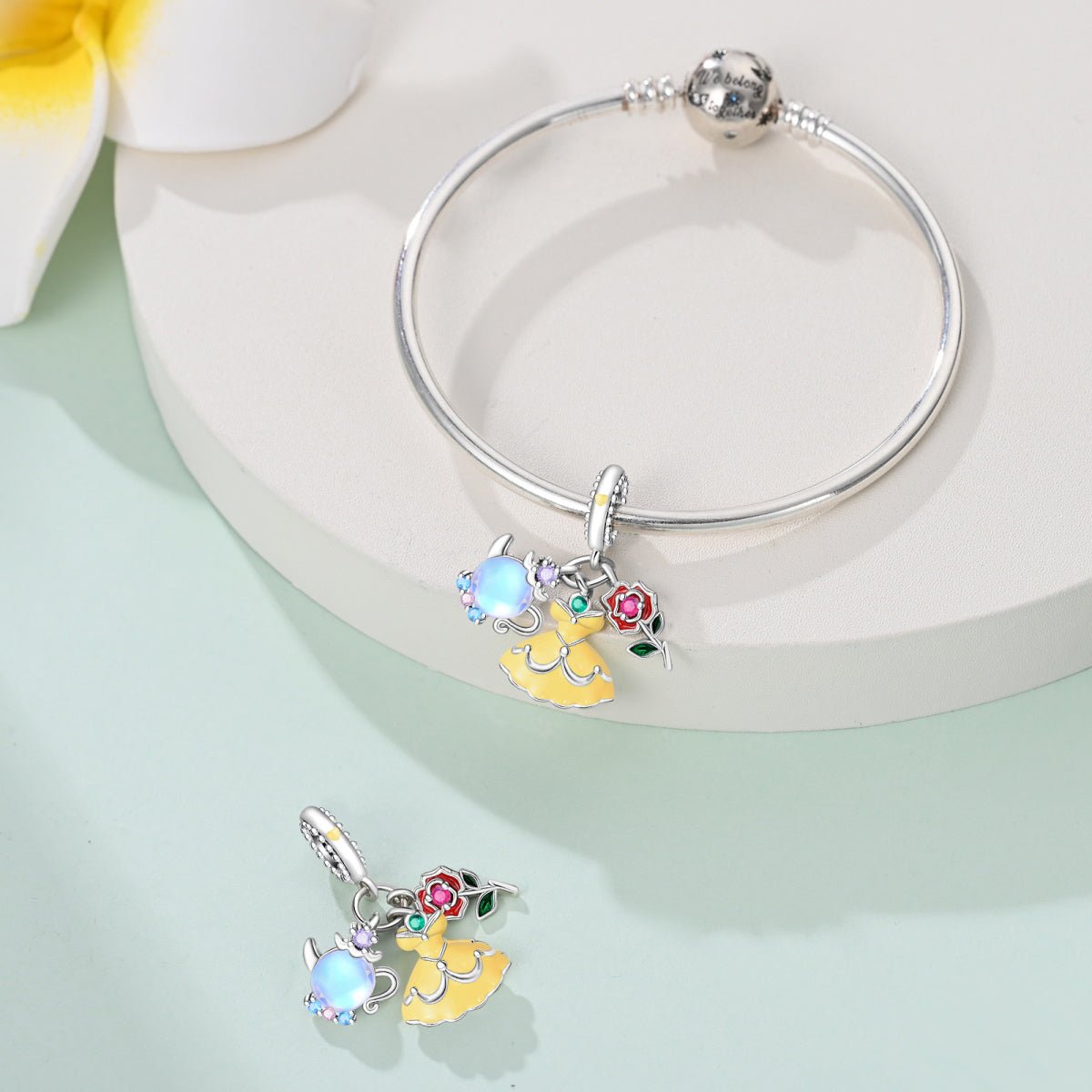 Pangama Jewelry Belle with Yellow Dress, Rose, & Teapot Dangle Charm