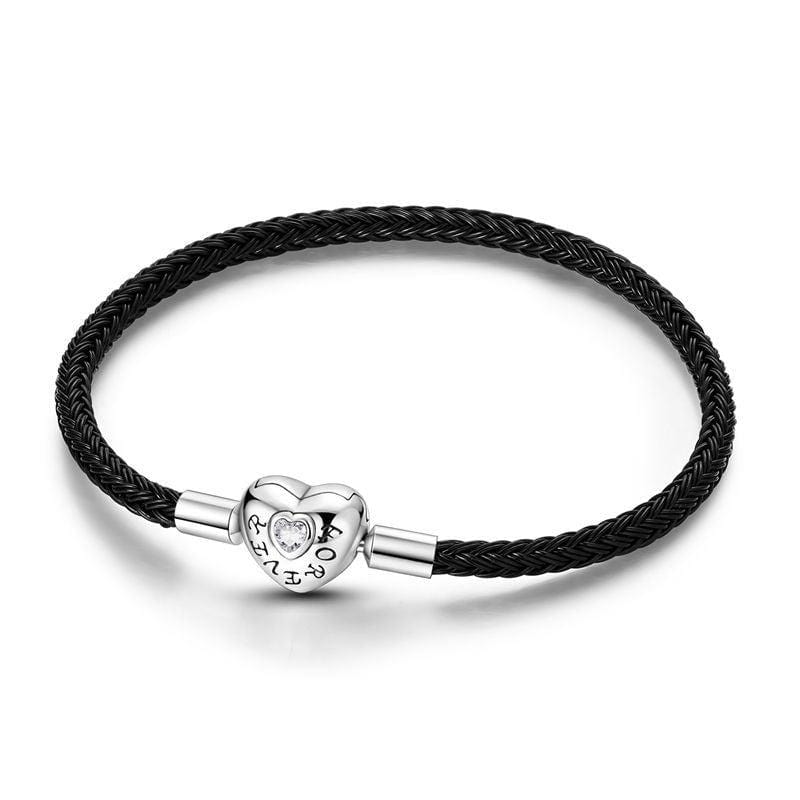 Pangama Jewelry Black Braided Leather Bracelet with Heart Clasp