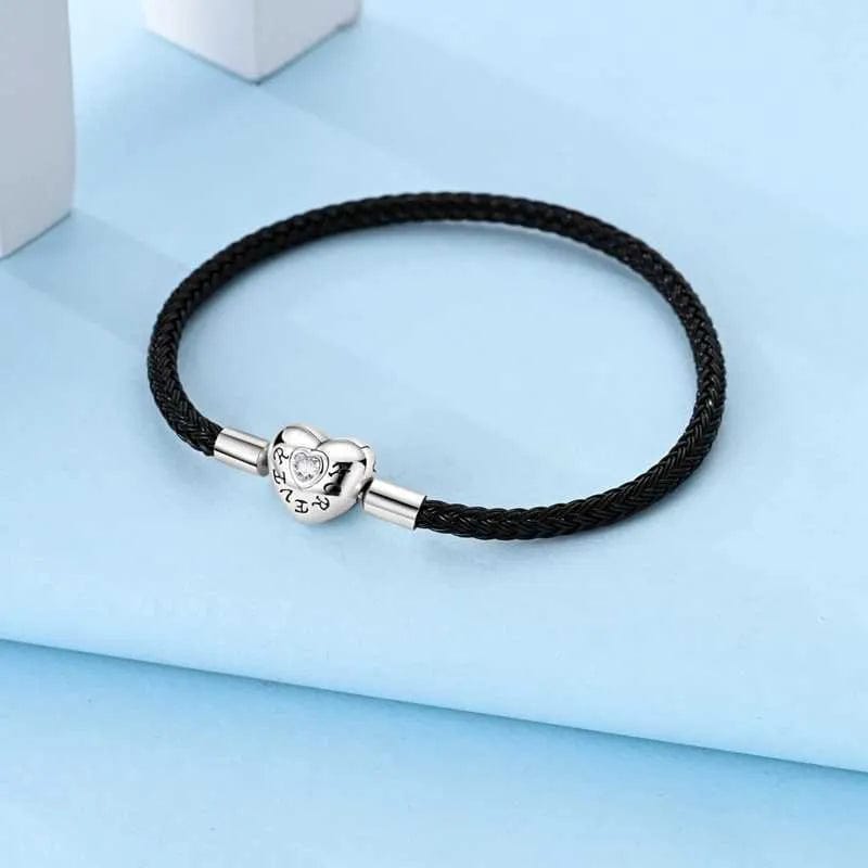 Pangama Jewelry Black Braided Leather Bracelet with Heart Clasp
