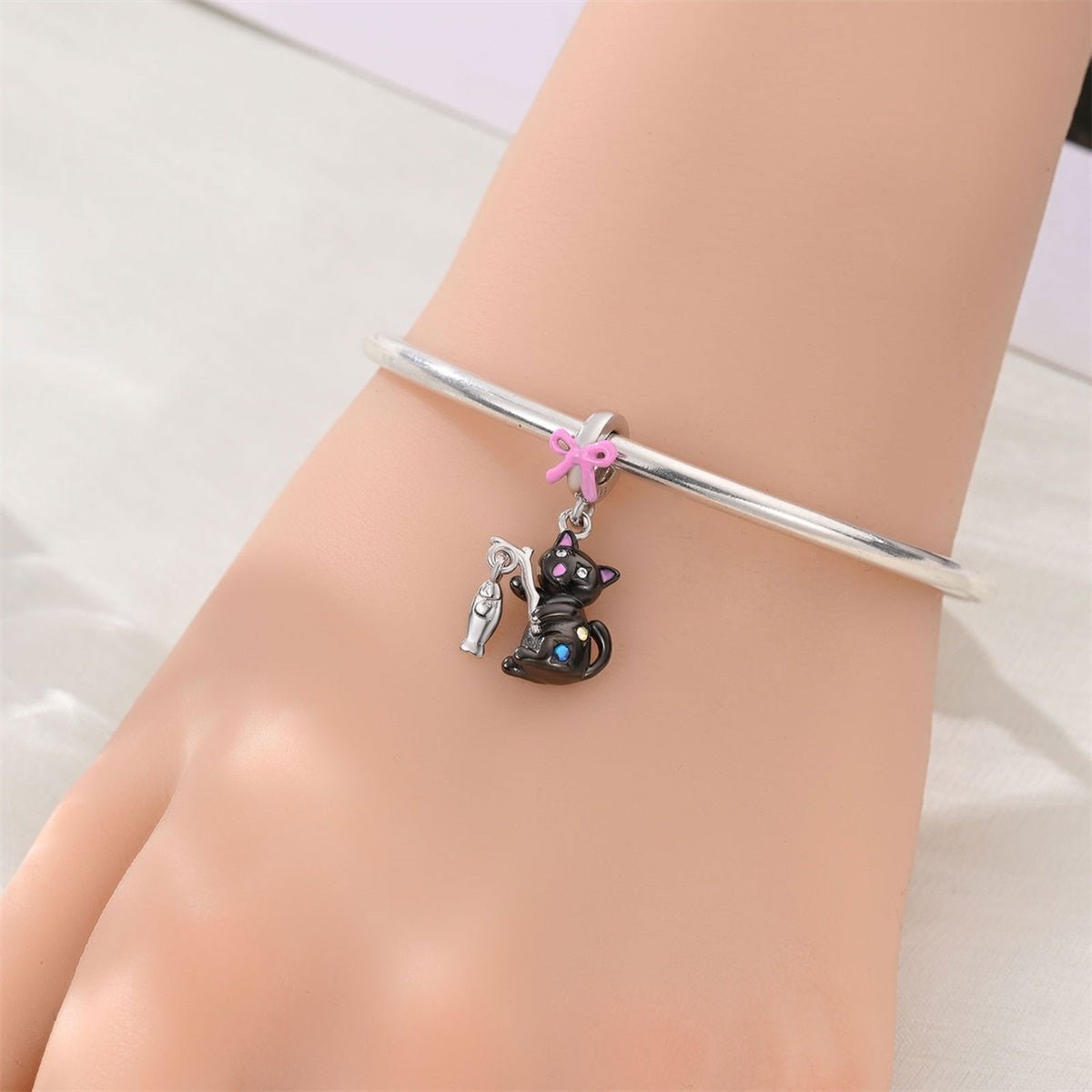 Pangama Jewelry Black Cat with Fishing Rod & Crystal Accents Dangle Charm