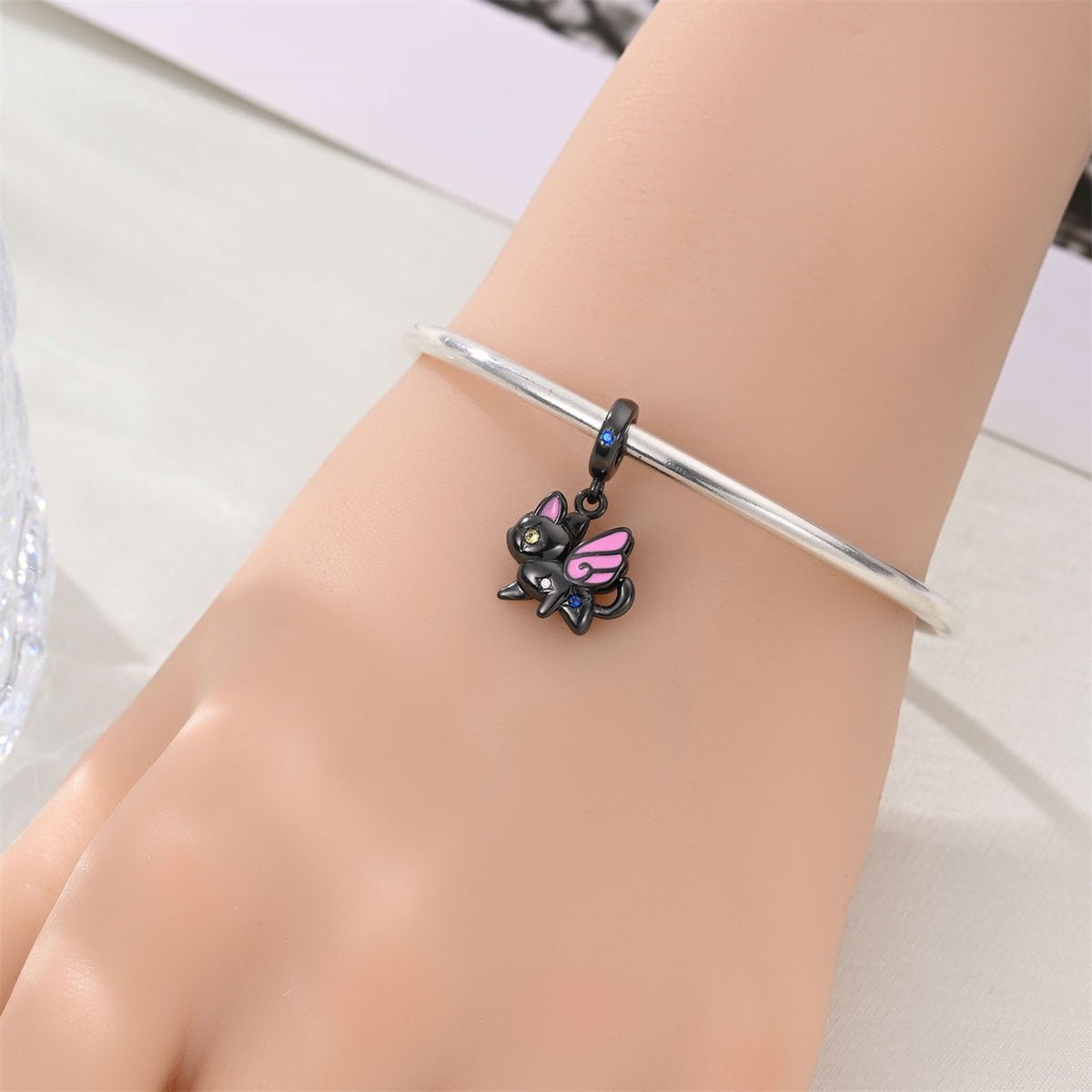 Pangama Jewelry Black Cat with Pink Fairy Wings Dangle Charm