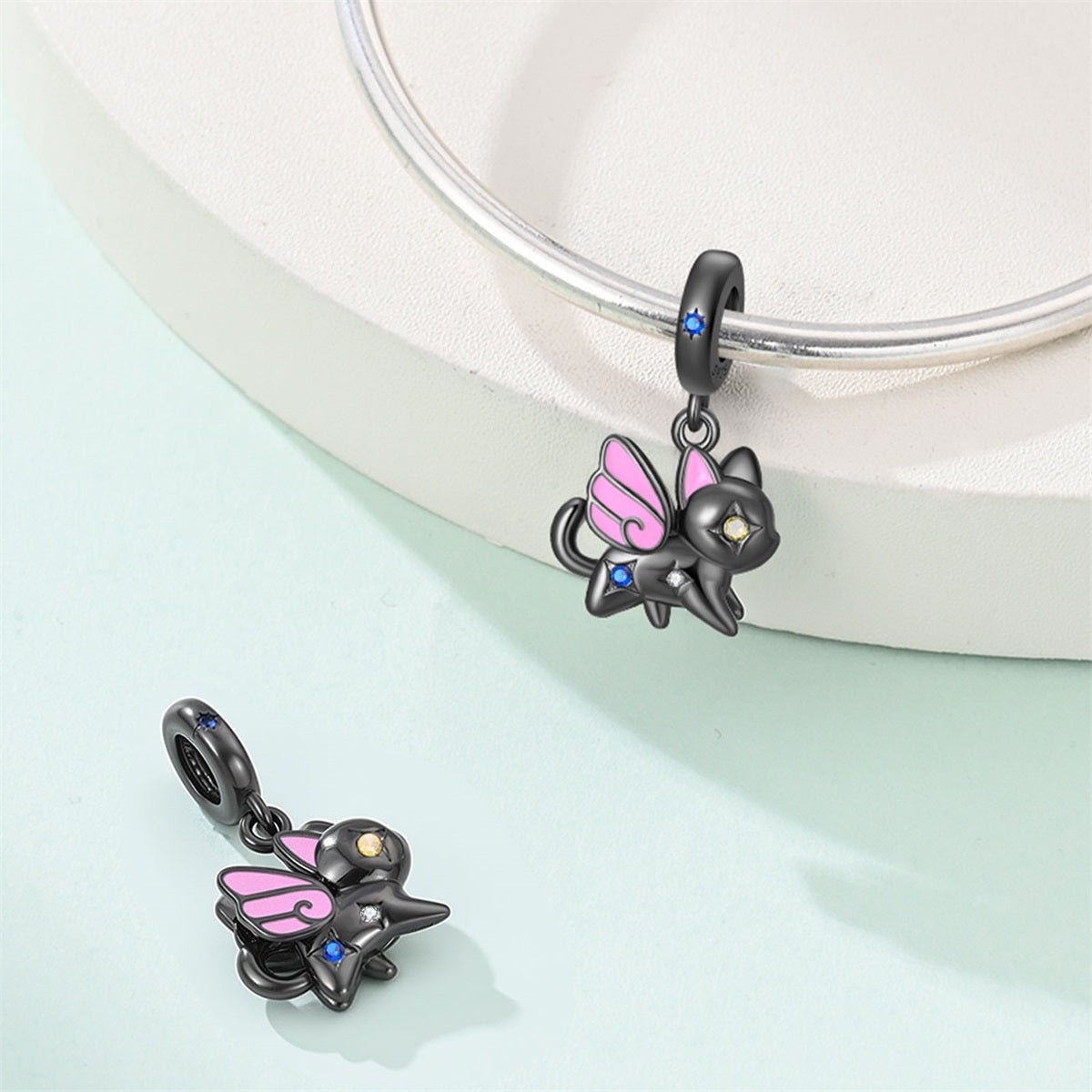 Pangama Jewelry Black Cat with Pink Fairy Wings Dangle Charm