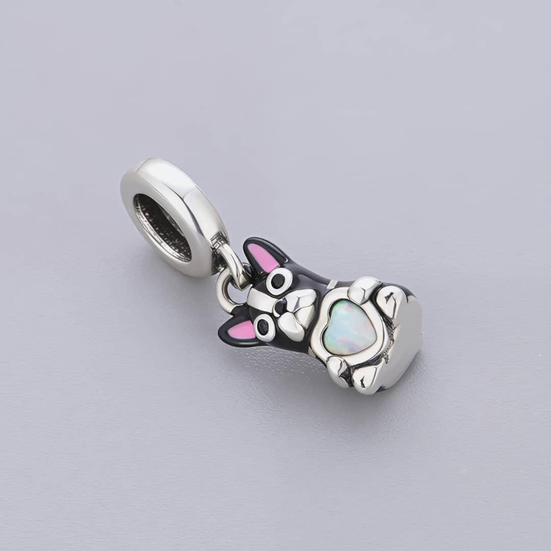 Pangama Jewelry Black French Bulldog with Heart Stone Dangle Charm