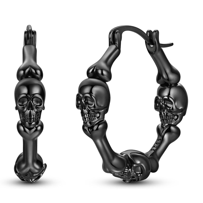 Pangama Jewelry Black Skull & Bones Hoop Earrings