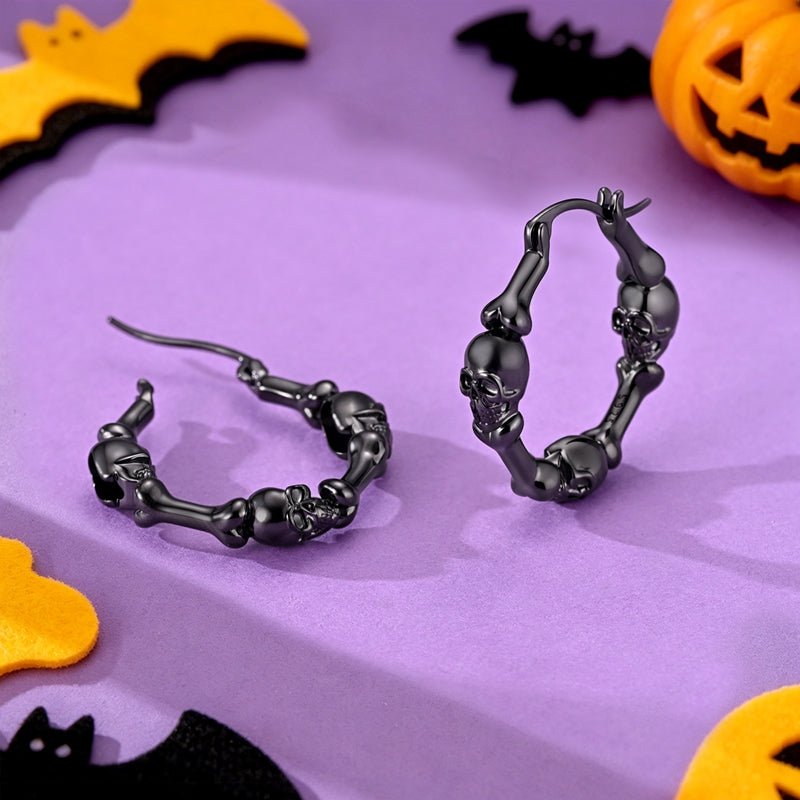 Pangama Jewelry Black Skull & Bones Hoop Earrings