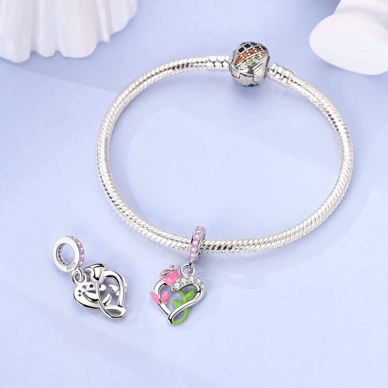 Pangama Jewelry Blooming Rose & Butterfly Heart Dangle Charm