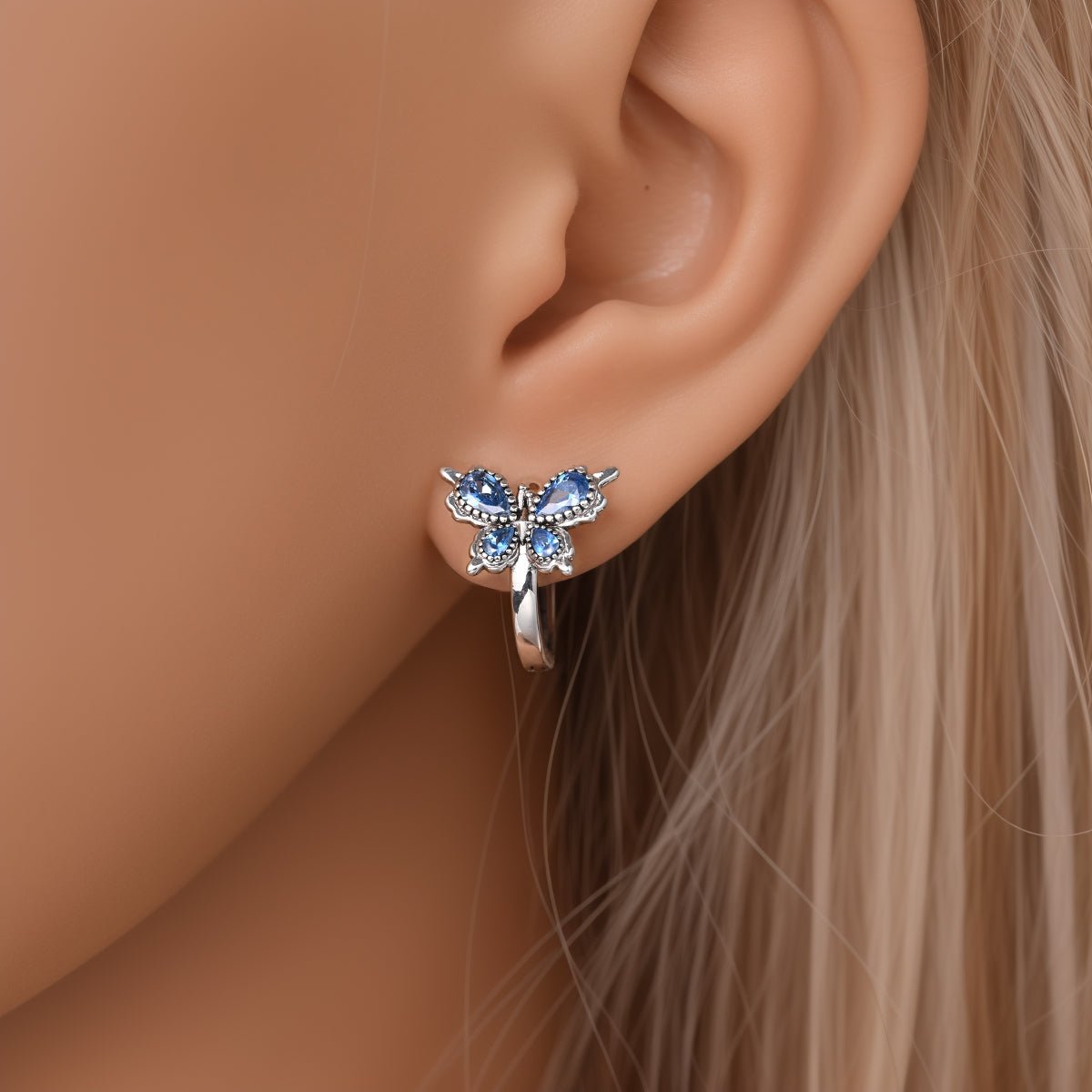 Pangama Jewelry Blue Butterfly with Crystal Wings Hoop Earrings