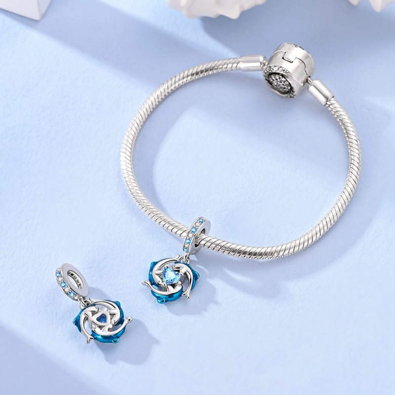 Pangama Jewelry Blue Dolphins with Heart Ocean Sparkle Dangle Charm