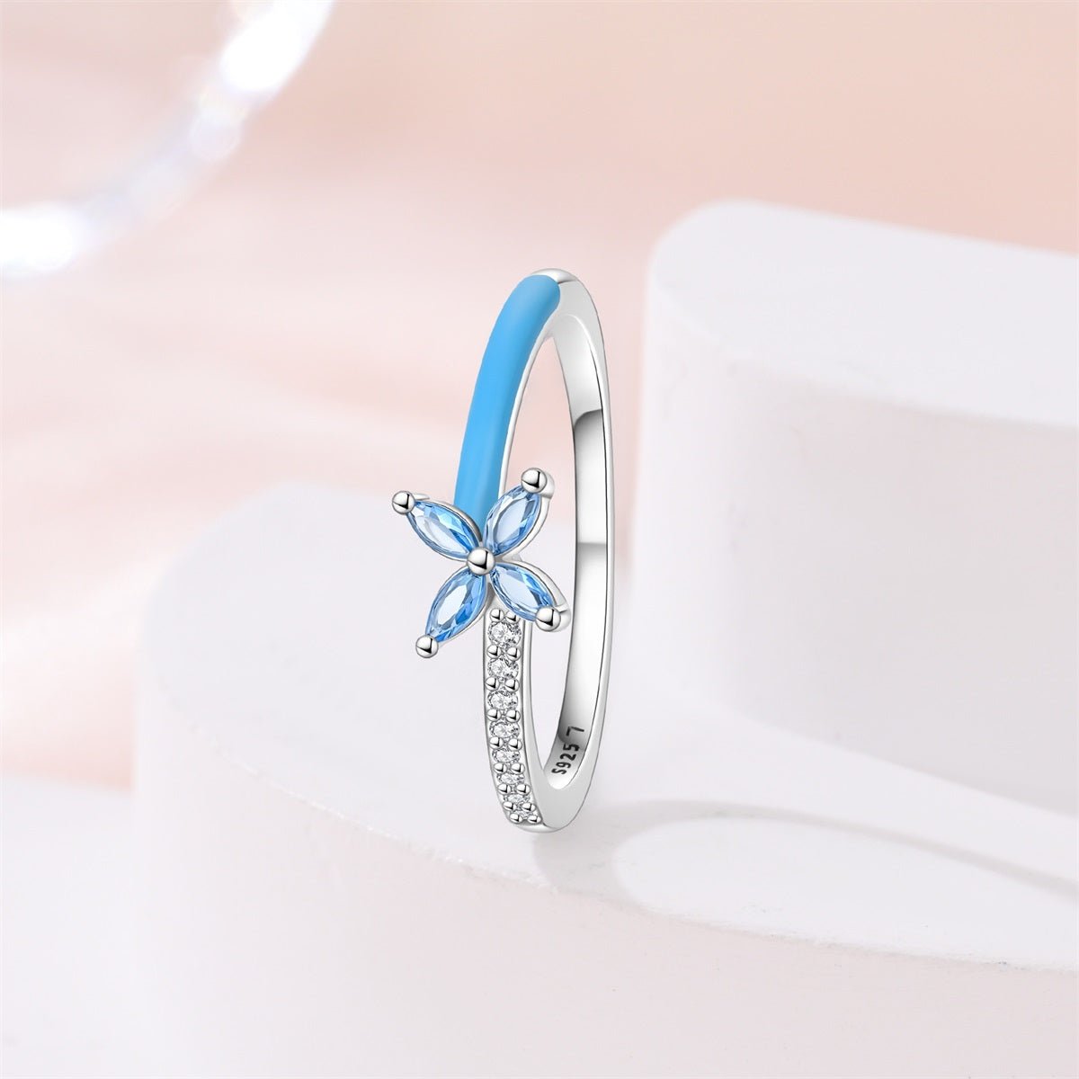 Pangama Jewelry Blue Enamel & Sparkling Flower Ring