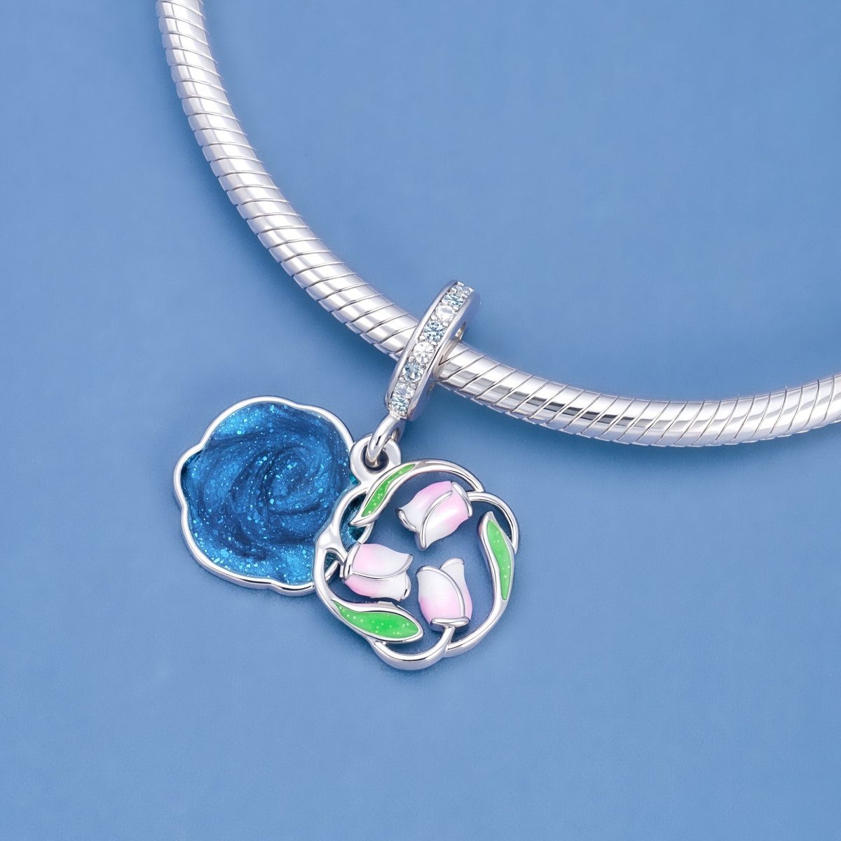 Pangama Jewelry Blue Swirl & Pink Rose Dangle Charm
