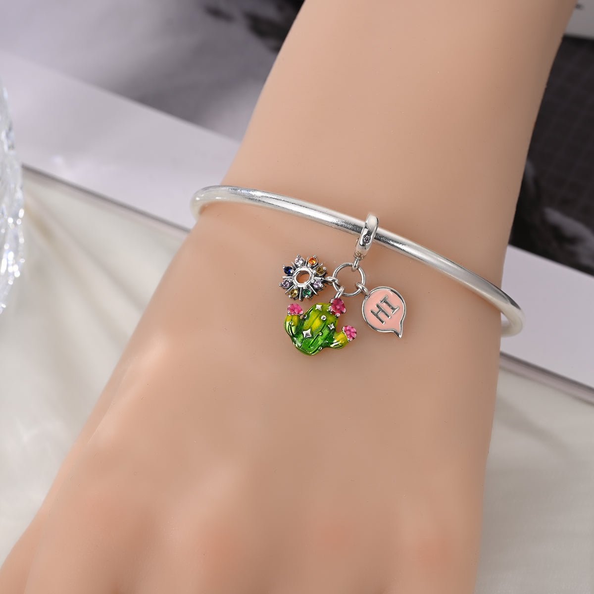 Pangama Jewelry Cactus with Rainbow Flowers & "Hi" Speech Bubble Dangle Charm