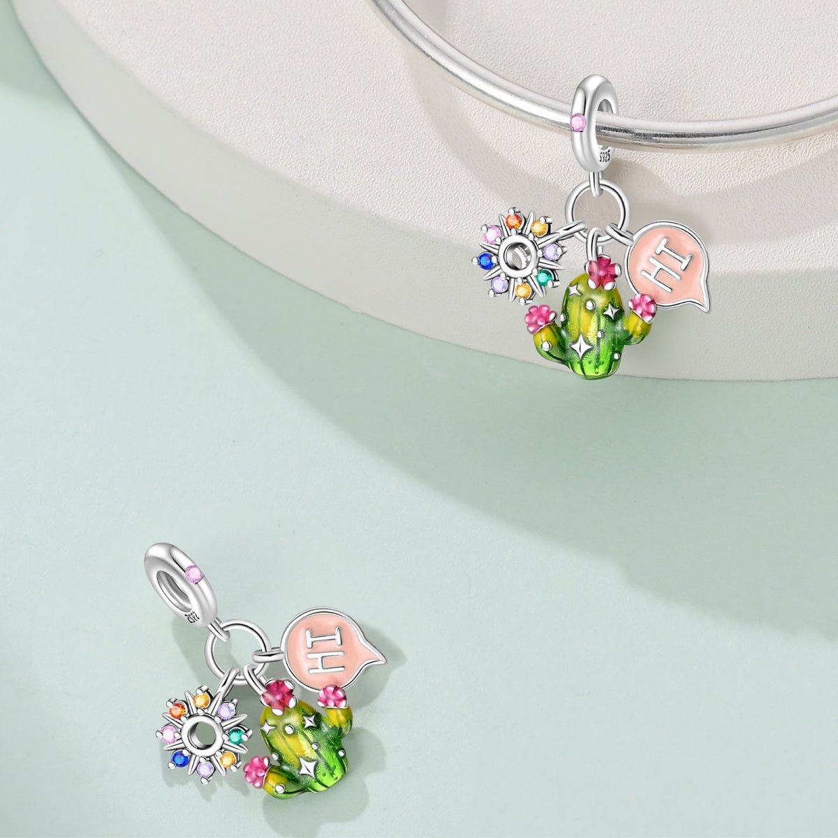 Pangama Jewelry Cactus with Rainbow Flowers & "Hi" Speech Bubble Dangle Charm