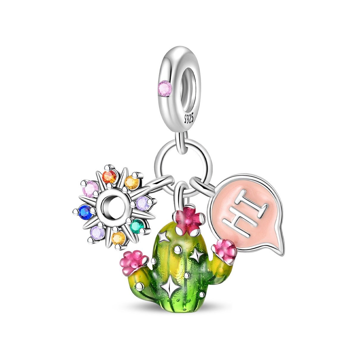 Pangama Jewelry Cactus with Rainbow Flowers & "Hi" Speech Bubble Dangle Charm