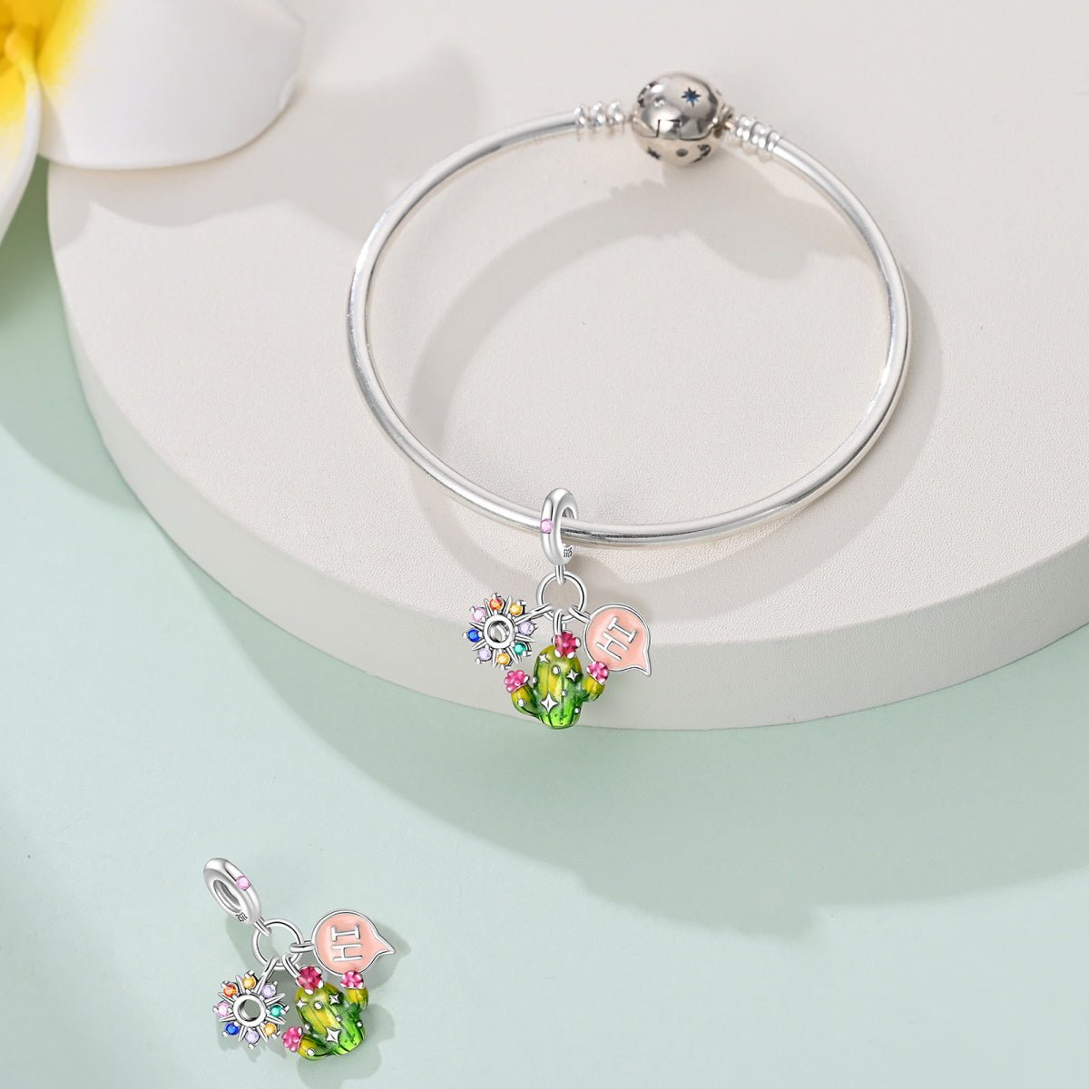 Pangama Jewelry Cactus with Rainbow Flowers & "Hi" Speech Bubble Dangle Charm