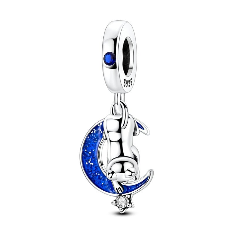 Pangama Jewelry Cat on Crescent Moon with Star Dangle Charm