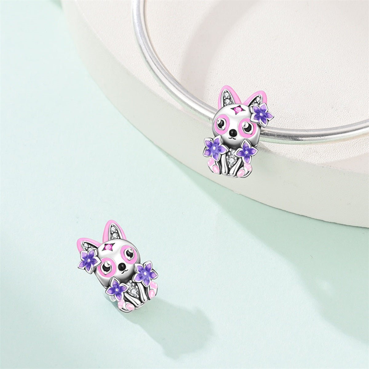 Pangama Jewelry Cat with Pink & Purple Flowers Charm
