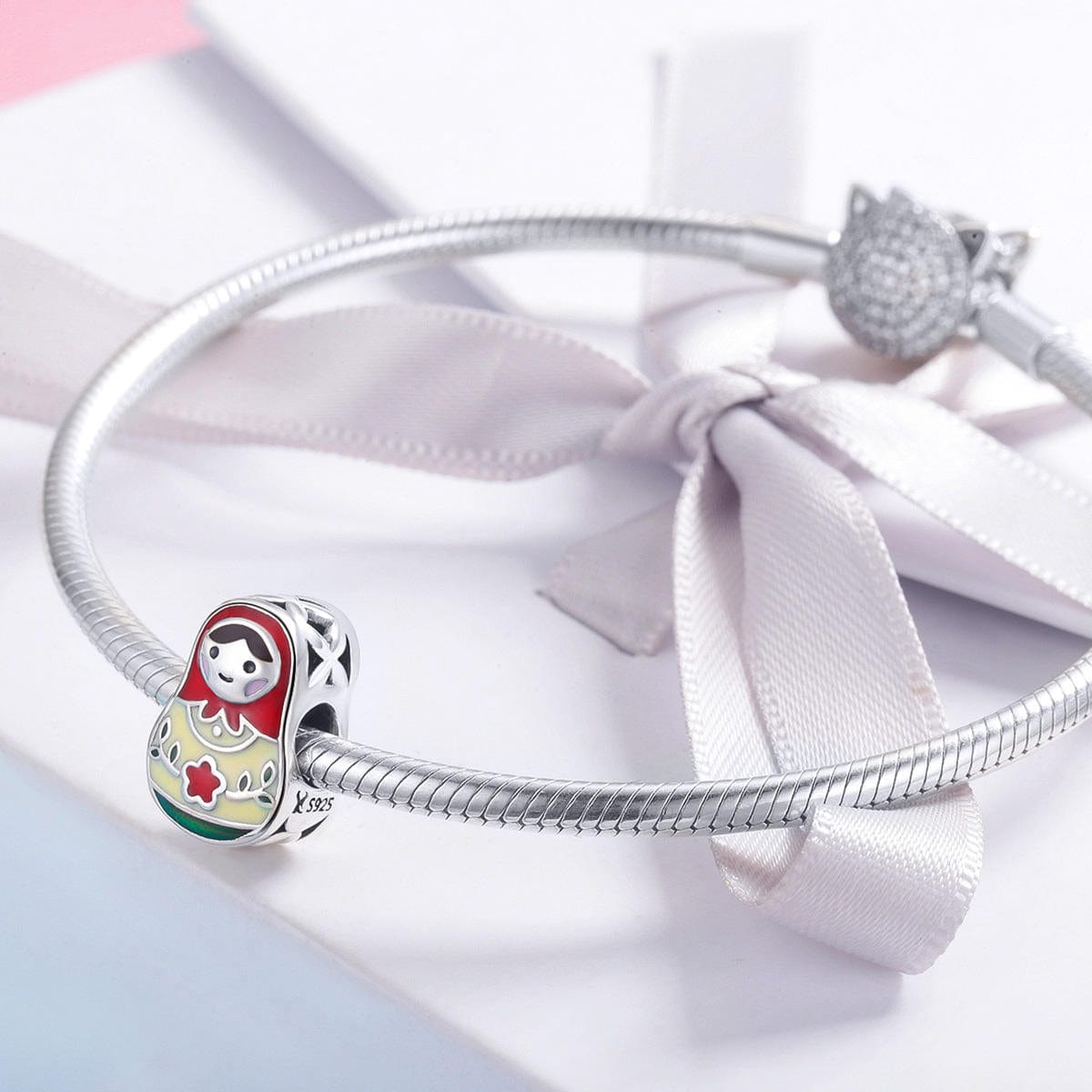 Pangama Jewelry Charming Matryoshka Doll with Red Enamel Accents Charm