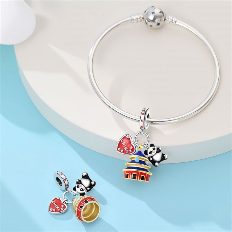 Pangama Jewelry China Temple, Panda & Heart Flag Dangle Charm