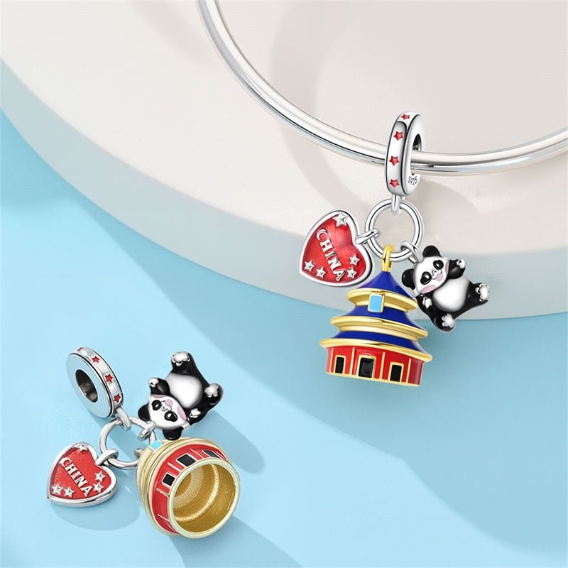 Pangama Jewelry China Temple, Panda & Heart Flag Dangle Charm