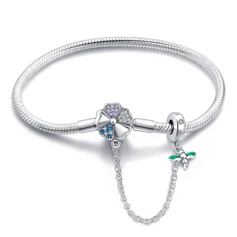Pangama Jewelry Clover and Dragonfly Charm Bracelet with Safety Chain