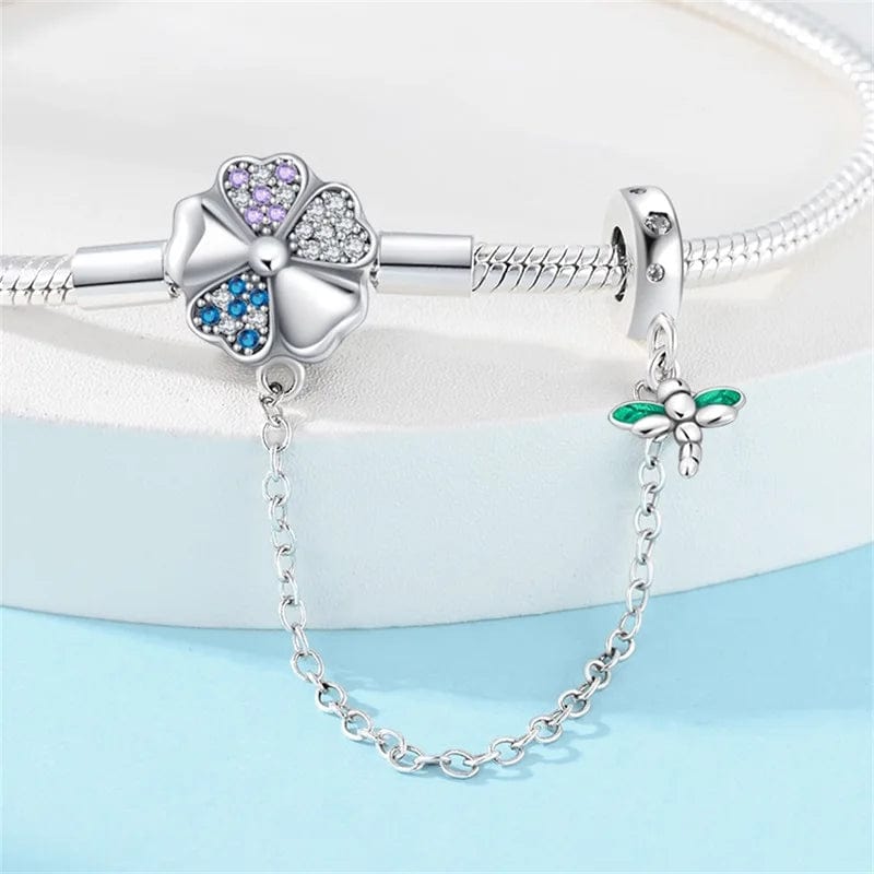 Pangama Jewelry Clover and Dragonfly Charm Bracelet with Safety Chain