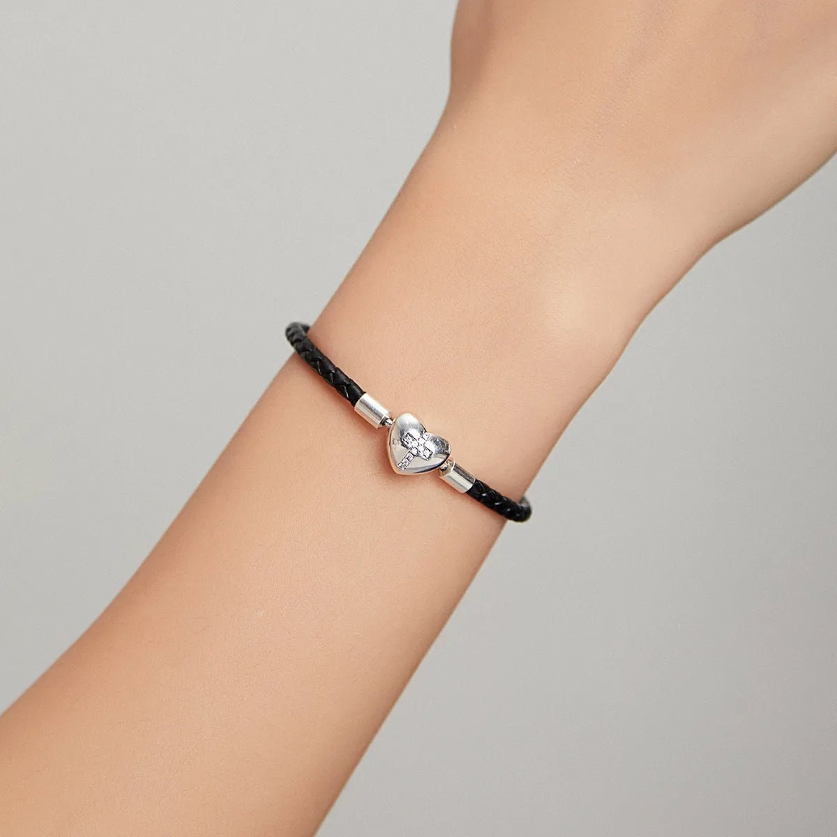 Pangama Jewelry Cross Heart Black Leather Charm Bracelet