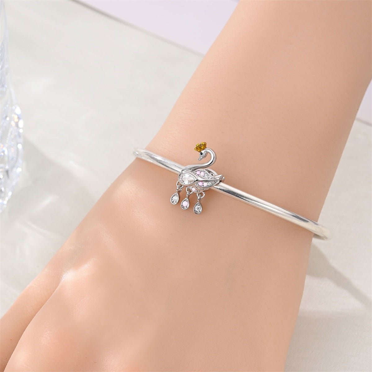 Pangama Jewelry Crowned Swan with Pink Gem Dangle Charm