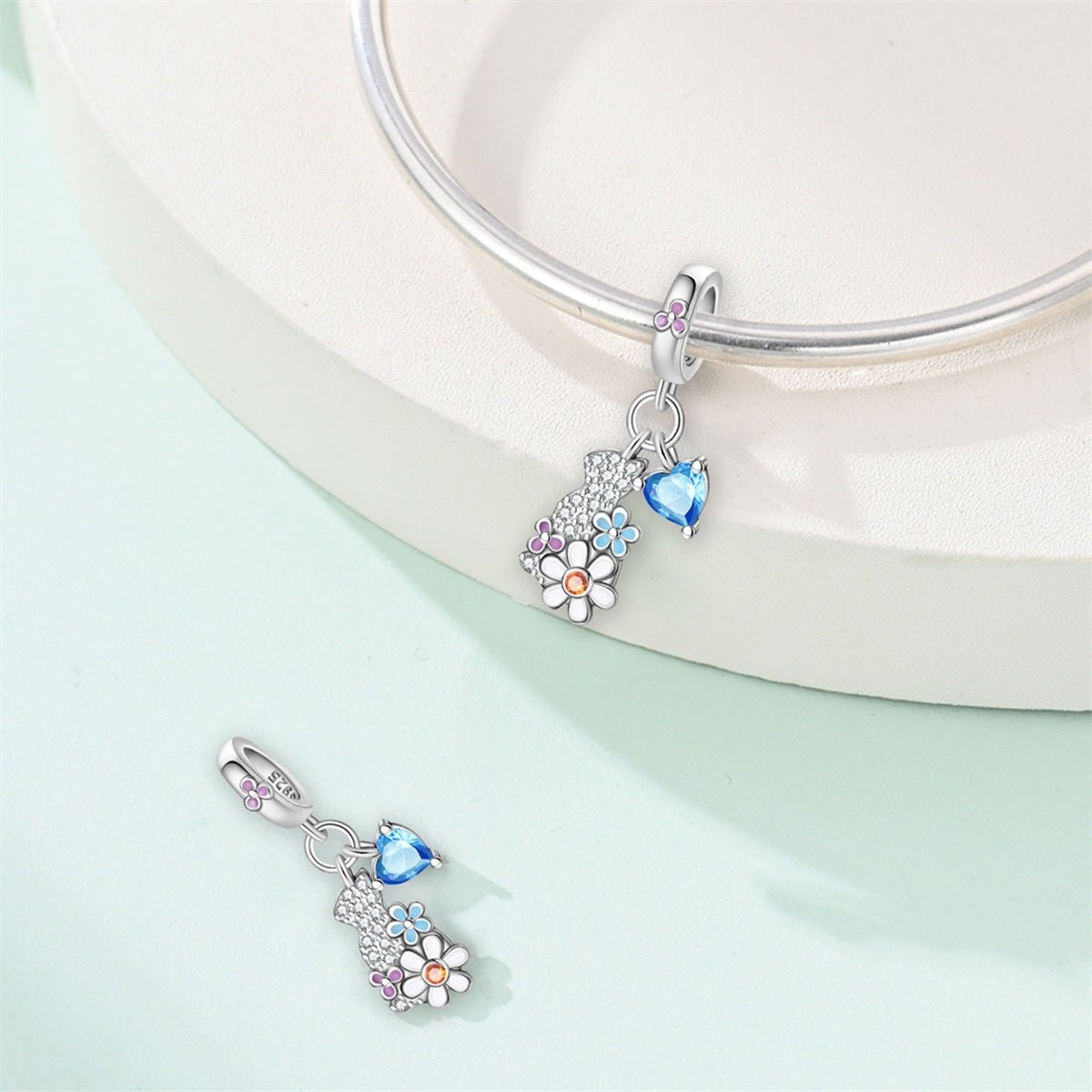 Pangama Jewelry Crystal Cat, Flowers, & Blue Heart Dangle Charm