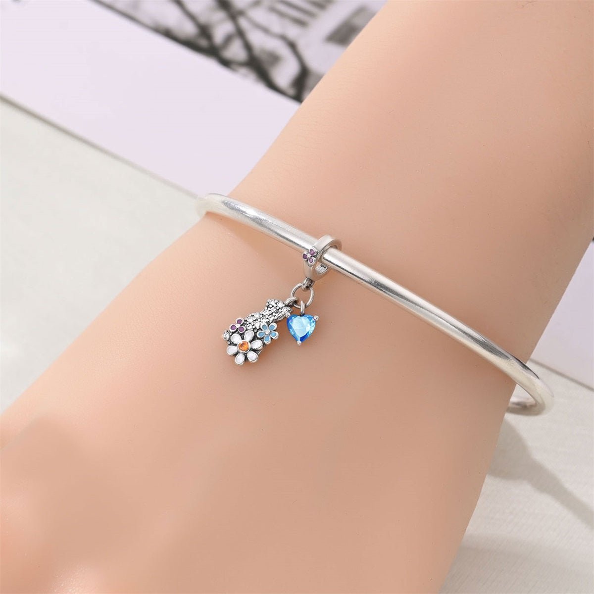 Pangama Jewelry Crystal Cat, Flowers, & Blue Heart Dangle Charm