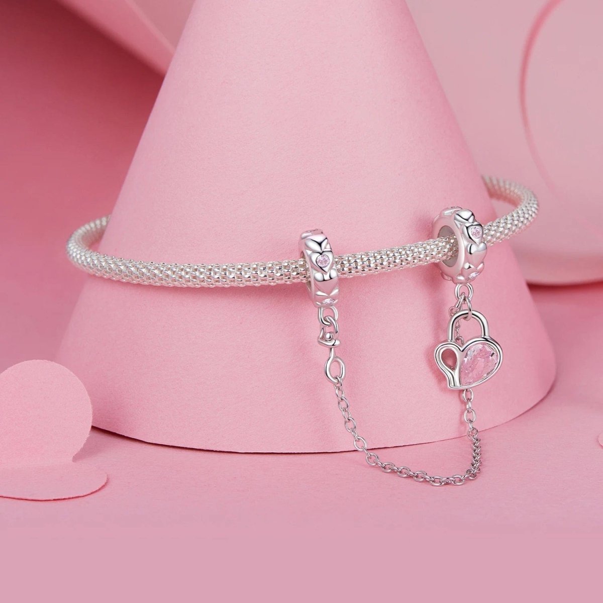 Pangama Jewelry Delicate Pink Crystal Heart Safety Chain Charm
