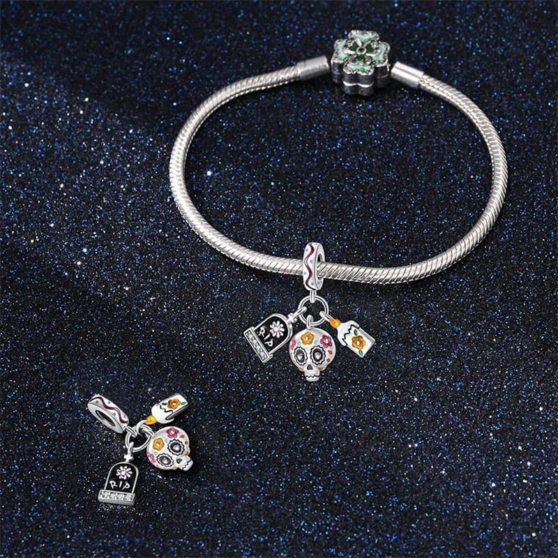 Pangama Jewelry Día de los Muertos Charm, Skull, Candle, and RIP Gravestone