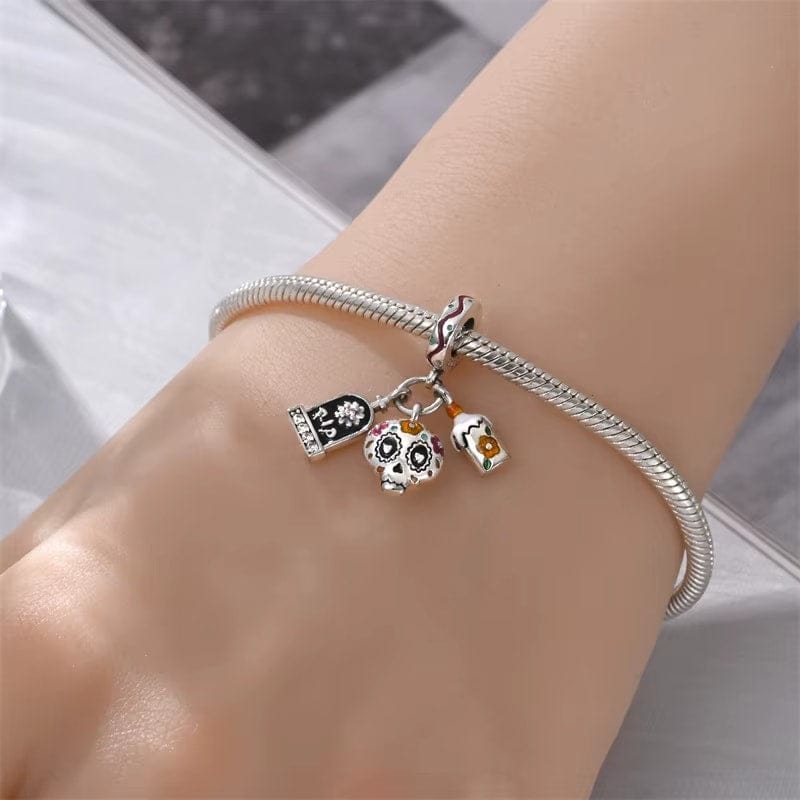 Pangama Jewelry Día de los Muertos Charm, Skull, Candle, and RIP Gravestone