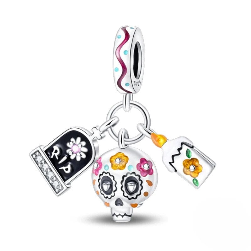 Pangama Jewelry Día de los Muertos Charm, Skull, Candle, and RIP Gravestone